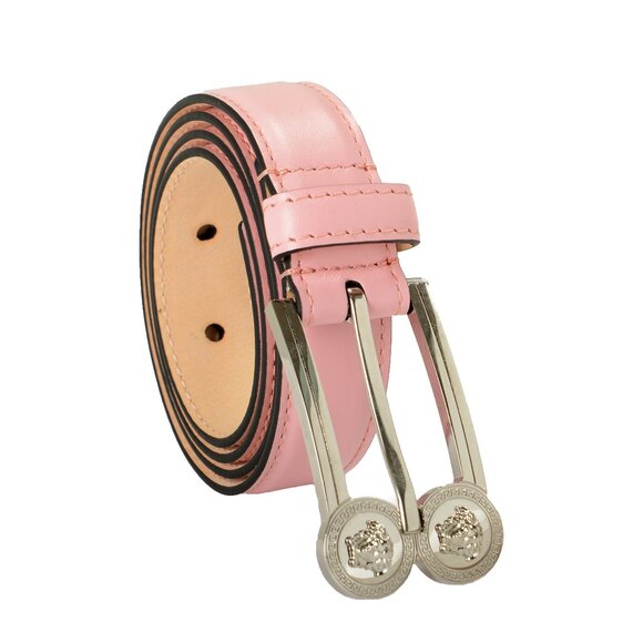 Versace Pink 100% Leather Silver Medusa Heads Logo Decorated Belt US 30 IT 75